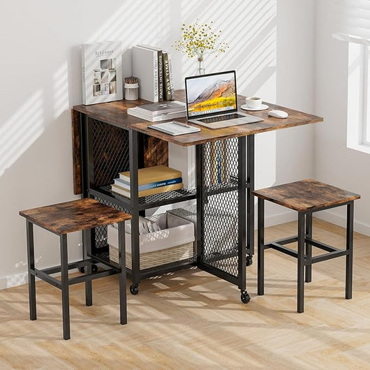 Set Tavolo da Pranzo Pieghevole 3 Pezzi, Tavolo da Pranzo Estendibile con 2 Sgabelli, con Ruote Bloccabili, 2 Ripiani di Archiviazione a Rete, Set da Pranzo per Soggiorno, Sala da pranzo