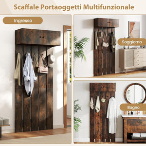 Appendiabiti da Parete per Ingresso, Attaccapanni in Legno con 5 Ganci Doppi e Armadietto a 2 Ante, Mensola Salvaspazio per Camera da Letto, Soggiorno e Cucina, 90 x 33 x 210 cm (Marrone)