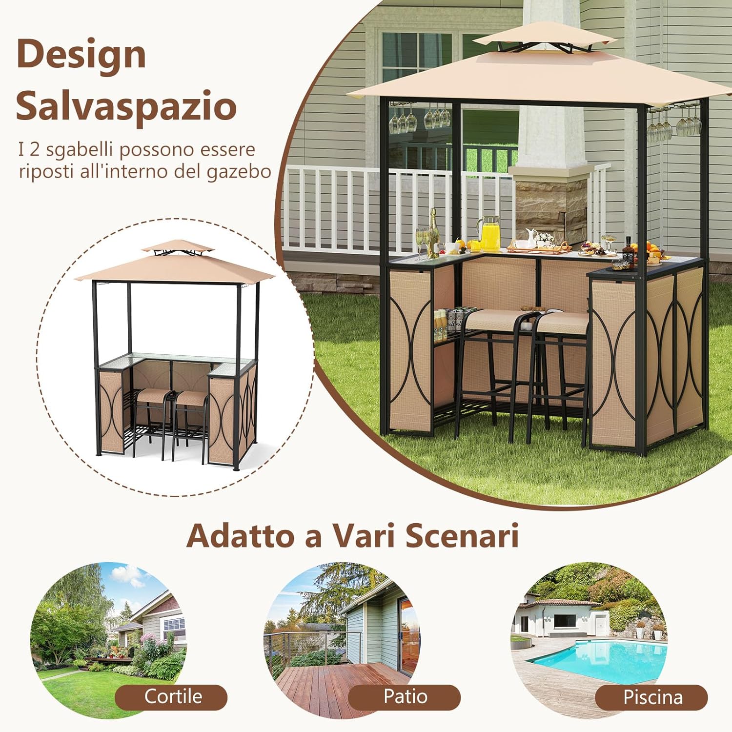 Set Bar da Patio a 3 Pezzi, Gazebo per Griglia e 2 Sgabelli da Bar con Tavolo in Vetro Temperato, Ripiani in Metallo, Portabicchieri, per Giardino Cortile e Spiaggia (Marrone)