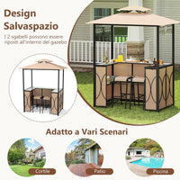 Set Bar da Patio a 3 Pezzi, Gazebo per Griglia e 2 Sgabelli da Bar con Tavolo in Vetro Temperato, Ripiani in Metallo, Portabicchieri, per Giardino Cortile e Spiaggia (Marrone)