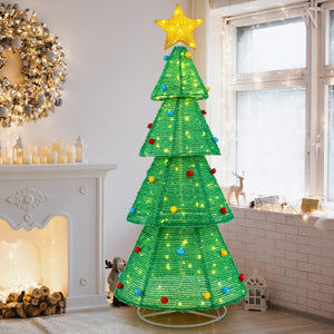 Albero di Natale Pieghevole 190 cm, Decorazione dell'Albero di Natale con 200 Luci LED, Stella in Cima, Palline di Peluche, Decorazione Natalizia per Casa, Giardino, Negozio