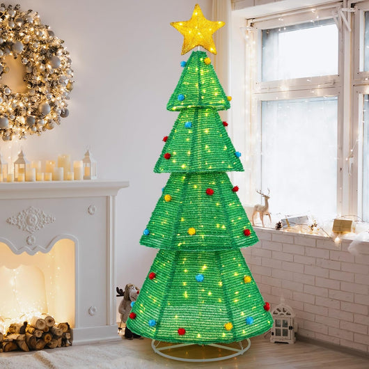 Albero di Natale Pieghevole 190 cm, Decorazione dell'Albero di Natale con 200 Luci LED, Stella in Cima, Palline di Peluche, Decorazione Natalizia per Casa, Giardino, Negozio