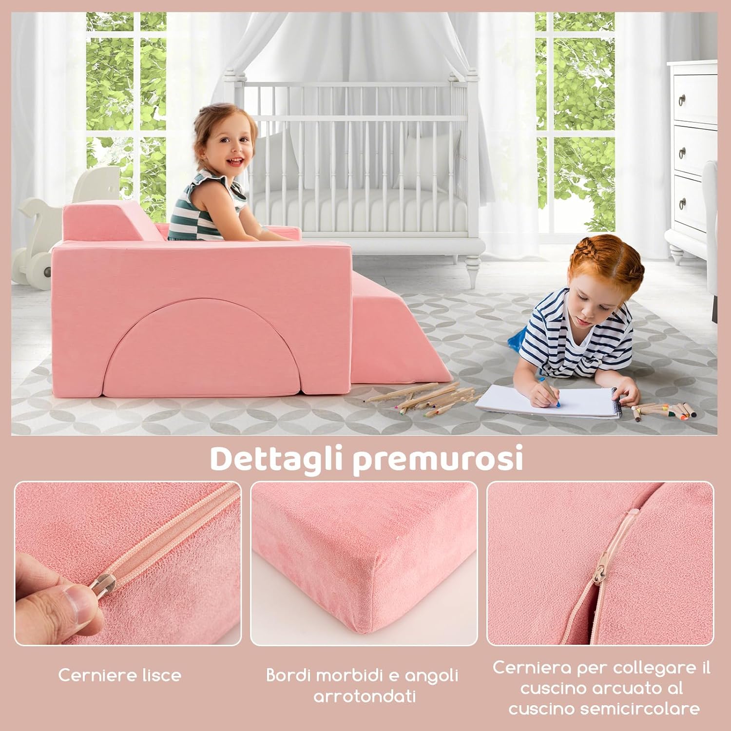 Divano Modulare per Bambini 8 Pezzi, Divanetto per Bambini con Copertura Staccabile per Sala Giochi e Camera da Letto, Divano Creativo per Bambini per Giocare, Creare e Dormire (Rosa)
