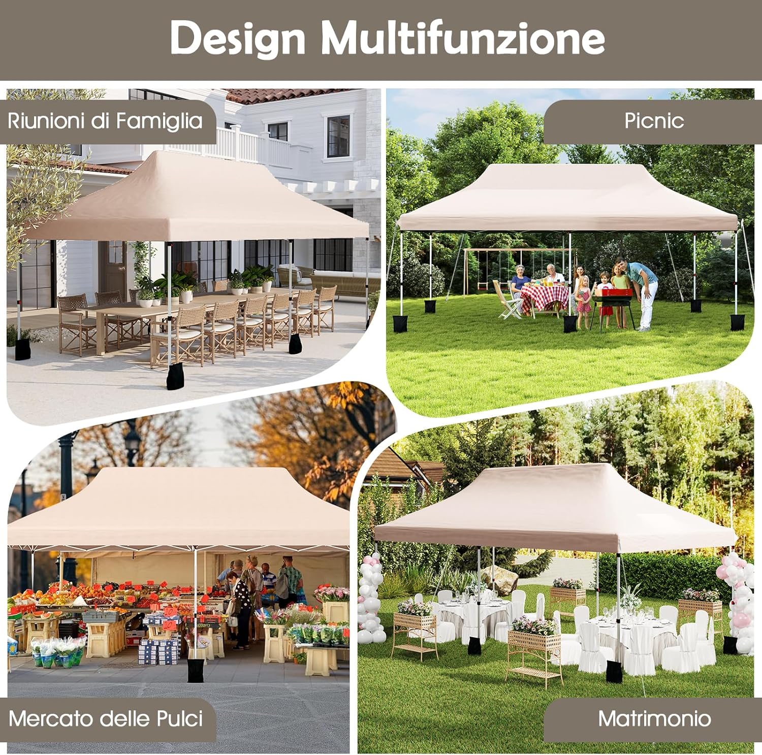 Gazebo Pieghevole da Giardino 3 x 6m, Gazebo Pop-up con Borsa da Trasporto, Regolabile in Altezza, per Feste (Beige)