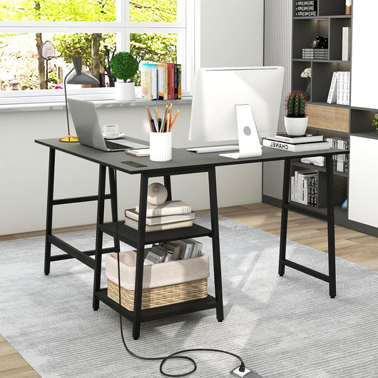 Scrivania per computer a forma di L da 120 cm, con stazione di ricarica, tavolo ad angolo con 2 ripiani aperti, scrivania per studio, ufficio (nero)