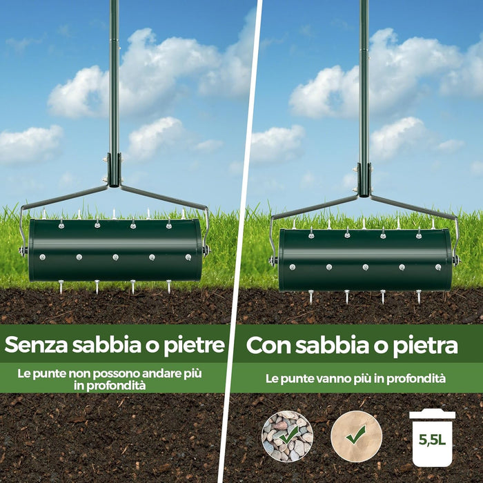 Arieggiatore Giardino 44/53 CM, Arieggiatore da Prato con Manico Rimovibile e Punte per Allentamento del Terreno, Arieggiatore Manuale per Prato, Giardino e Cortile (44 x 128 cm Verde)