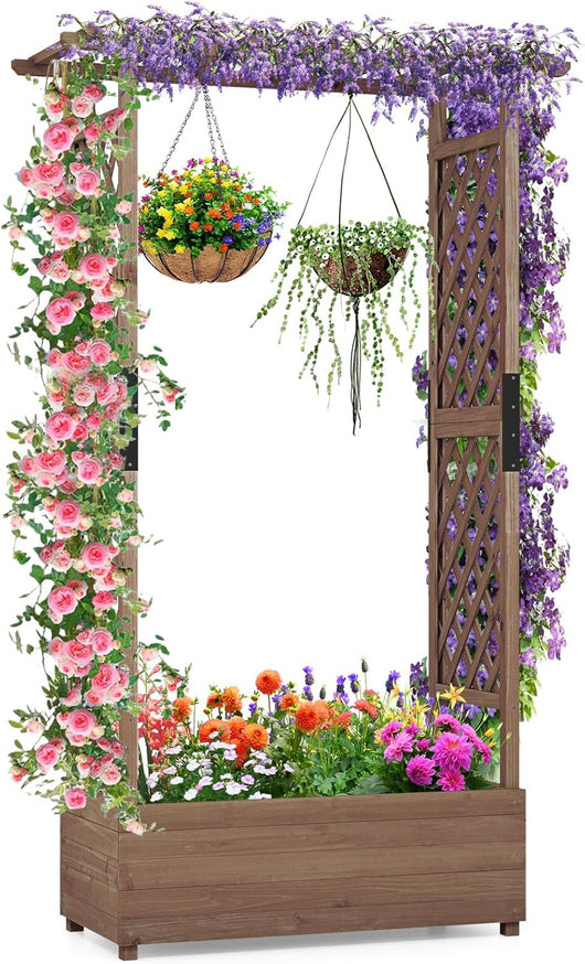 Aiuola Rialzata con Traliccio, Pergolato e Fori di Drenaggio, Fioriera Elevata da Esterno in Legno per Piante Rampicanti, Vite e Fiore,110 x 44 x 182 cm (Marrone)
