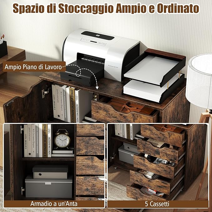 Mobiletto con 5 Cassetti e Anta, Cassettiera per Documenti con 5 Ruote e Ripiano Regolabile, per Soggiorno, Ufficio e Cucina, 79 x 40 x 65 cm (Marrone)