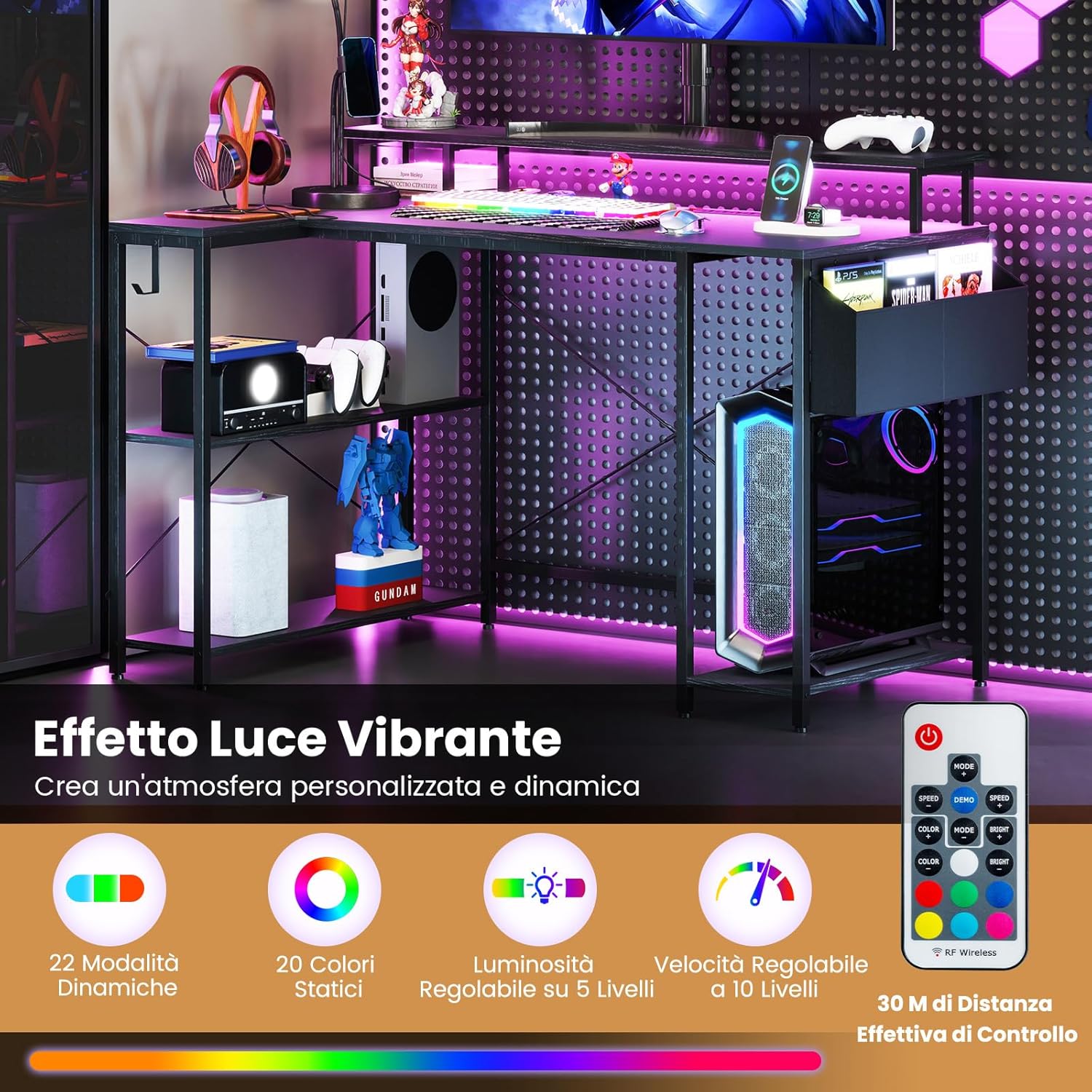 Scrivania Angolare da Gaming, Scrivania Salvaspazio a Forma di L con Luci LED, Stazione di Ricarica, Ripiani e Supporto per Monitor, Scrivania ad Angolo per Casa e Ufficio (Nero)