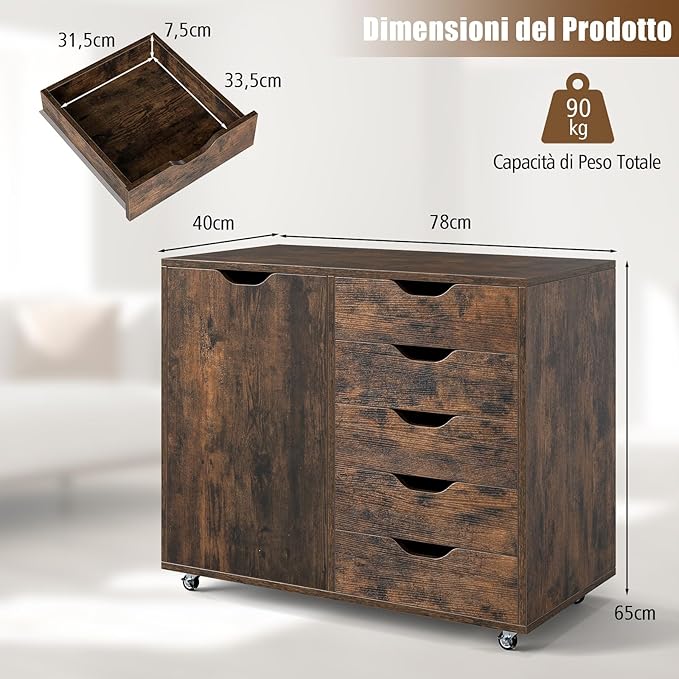 Mobiletto con 5 Cassetti e Anta, Cassettiera per Documenti con 5 Ruote e Ripiano Regolabile, per Soggiorno, Ufficio e Cucina, 79 x 40 x 65 cm (Marrone)