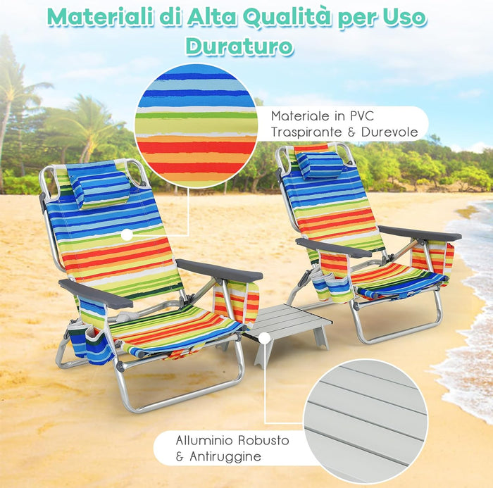 Set di Sedie da Spiaggia e Tavolino, Sedie da Esterno Reclinabili con Tavolino da Campeggio, Set di Tavolino in Alluminio e 2 Sedie Pieghevoli da Spiaggia a 5 Posizioni (Blu+Giallo)