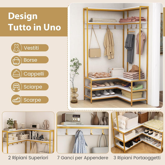 Stand Appendiabiti Angolare, Appendiabiti a Forma L con Ripiani Aperti 7 Ganci e Panca per Scarpe, Struttura in Metallo e Piedini Regolabili, 90x90x178 cm (Bianco)