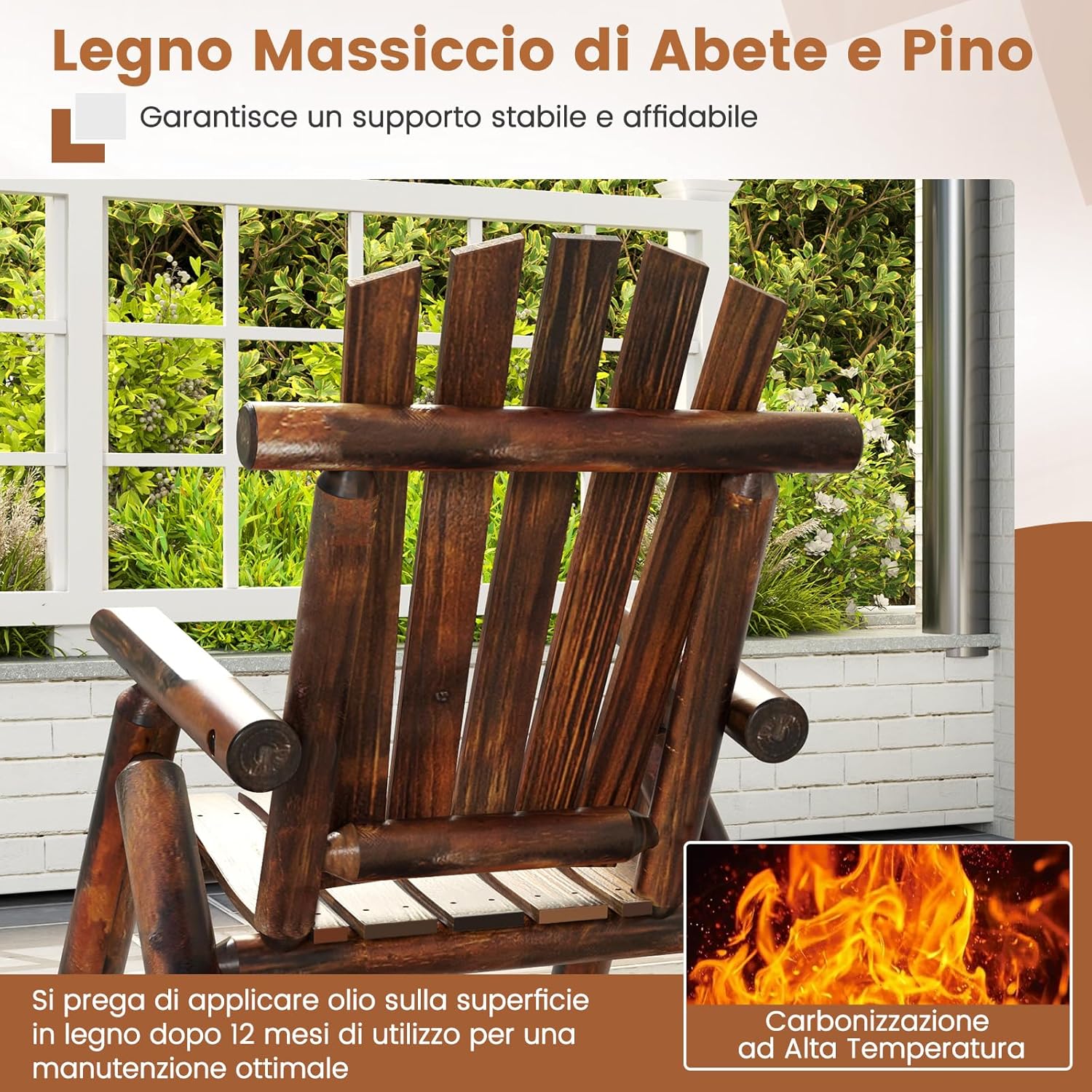 Sedia a Dondolo Adirondack da Esterno, Poltrona da Relax in Legno Giardino, Schienale Alto e Seduta a Doghe, Sedia da Patio per Balcone Cortile, Portata 150 kg