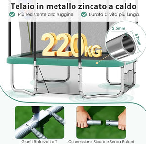 Trampolino da Esterno per Bambini e Adulti 317 x 255 cm, Tappeto Elastico Rettangolare con Canestro da Basket, Porta da Calcio, Scala Antiscivolo, Rete e Telaio in Acciaio, Portata 500 kg