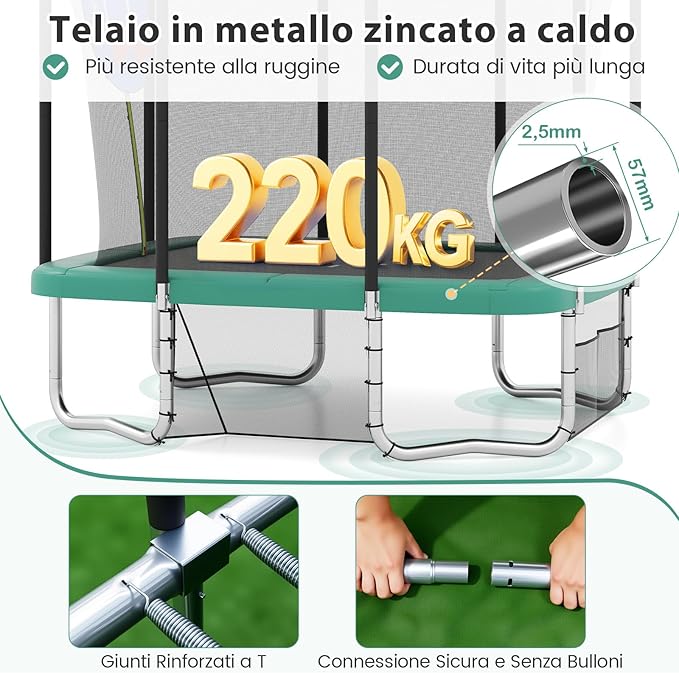 Trampolino da Esterno per Bambini e Adulti 317 x 255 cm, Tappeto Elastico Rettangolare con Canestro da Basket, Porta da Calcio, Scala Antiscivolo, Rete e Telaio in Acciaio, Portata 500 kg