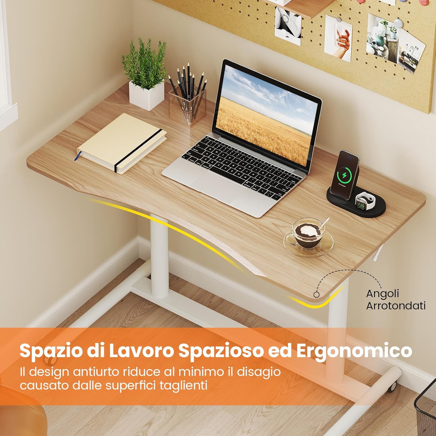 Scrivania Regolabile in Altezza a Forma di C, Scrivania con Ruote Bloccabili e Struttura in Metallo, Tvolo Portatile per Laptop e per Spazi Ridotti (Naturale)