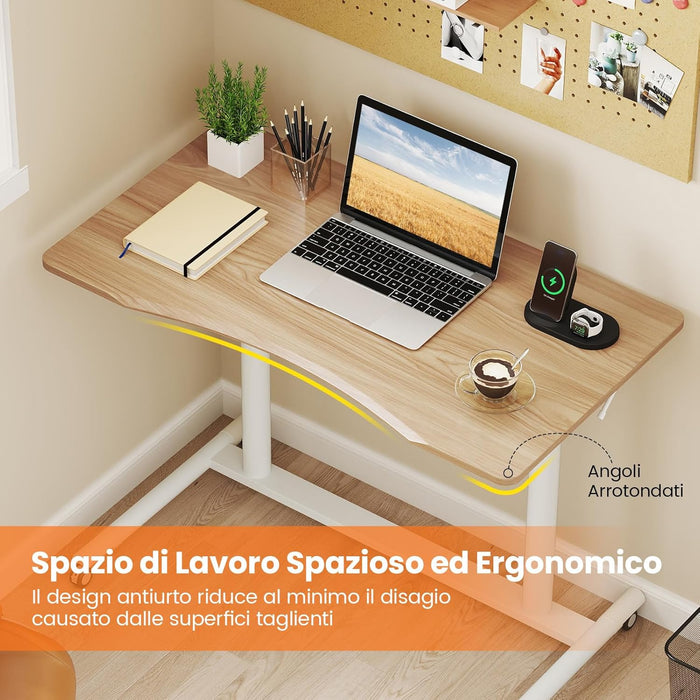 Scrivania Regolabile in Altezza a Forma di C, Scrivania con Ruote Bloccabili e Struttura in Metallo, Tvolo Portatile per Laptop e per Spazi Ridotti (Naturale)