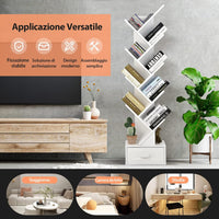 Libreria ad Albero in Legno, Scaffale a 10 Ripiani con Cassetto, Portaoggetti Autoportante per Soggiorno, Studio e Ufficio, 38 x 21,5 x 149,5 cm (Bianco)