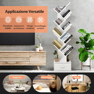 Libreria ad Albero in Legno, Scaffale a 10 Ripiani con Cassetto, Portaoggetti Autoportante per Soggiorno, Studio e Ufficio, 38 x 21,5 x 149,5 cm (Bianco)