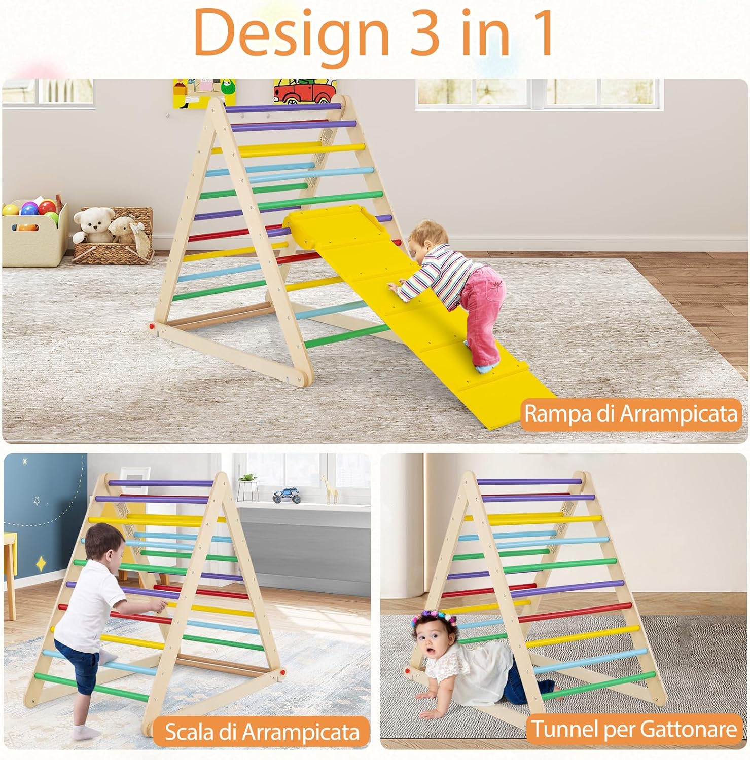 Arrampicata per Bambini, Triangolo da Arrampicata in Legno con Scivolo, Scala Giochi Pieghevole per Bambini 3+ Anni, Carico 60 kg (colorato)