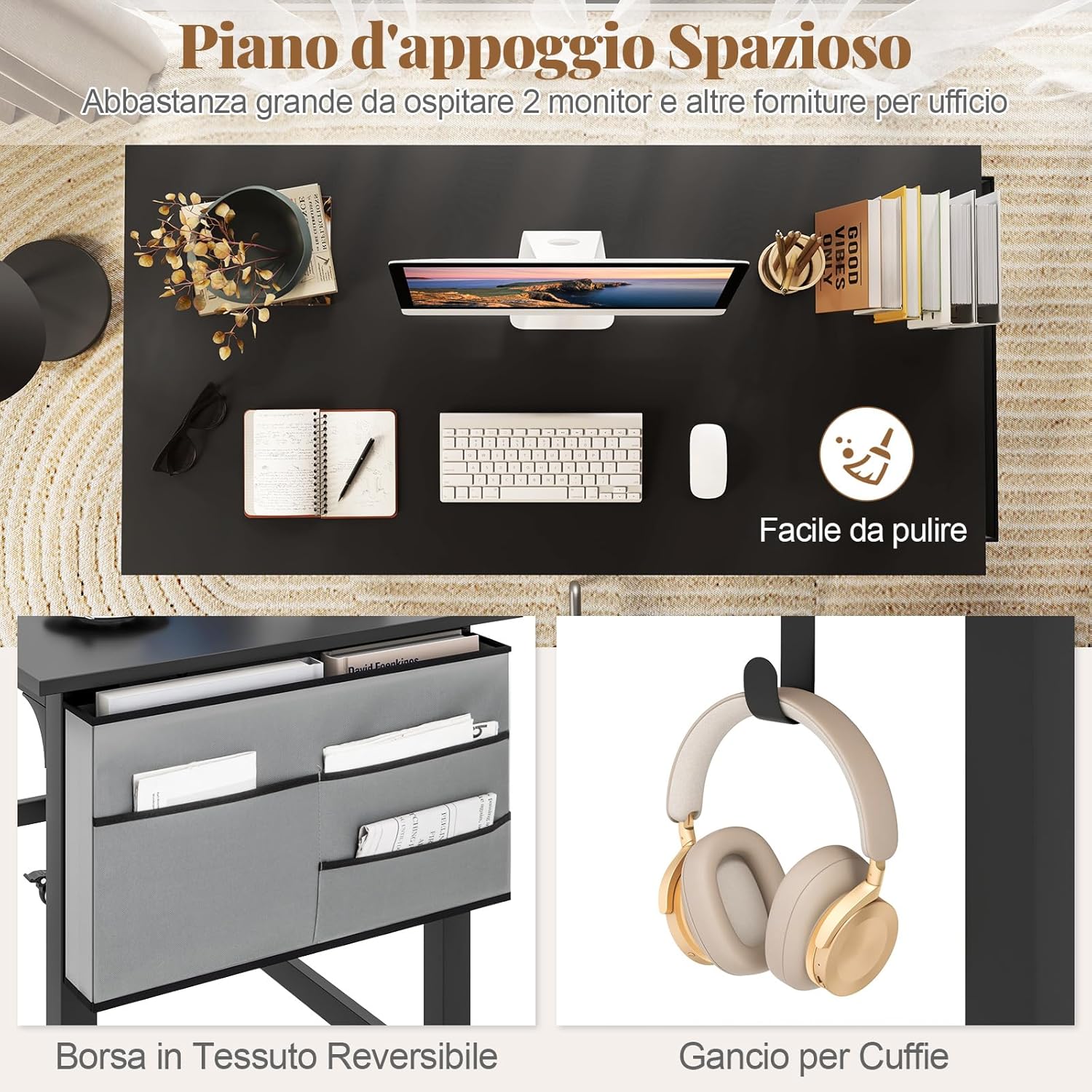 Scrivania per Ufficio e Casa, Scriviania con Ampio Piano, 4 Ruote Bloccabili, Borsa Rimovibile e Ganci per Cuffie, Scriviania per Computer di Metallo e Legno (Nero)