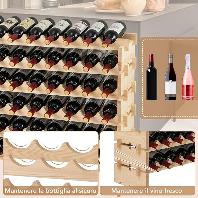 Cantinetta Portabottiglie Vino, Portabottiglie di Vino da 60 Bottiglie a 6 Ripiani, Scaffale Portavino da Terra per Cucina, Cantina e Ristorante (60 Bottiglie)