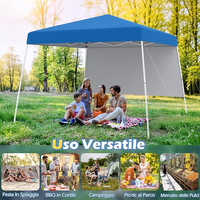 Gazebo Pop-up da Esterno 3 x 3 m, Gezebo Pieghevole con 1 Parete Laterale, Zaino Portatile e 4 Picchetti, Tendone Impermeabile e Resistente per Campeggio e Feste (Blu)