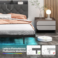 Struttura Letto Matrimoniale con Luci LED, Letto a Piattaforma con Testiera Imbottita Regolabile e Stazione di Ricarica, Letto Moderno in Metallo, Silenzioso, Carico 300kg (200 x 140cm)