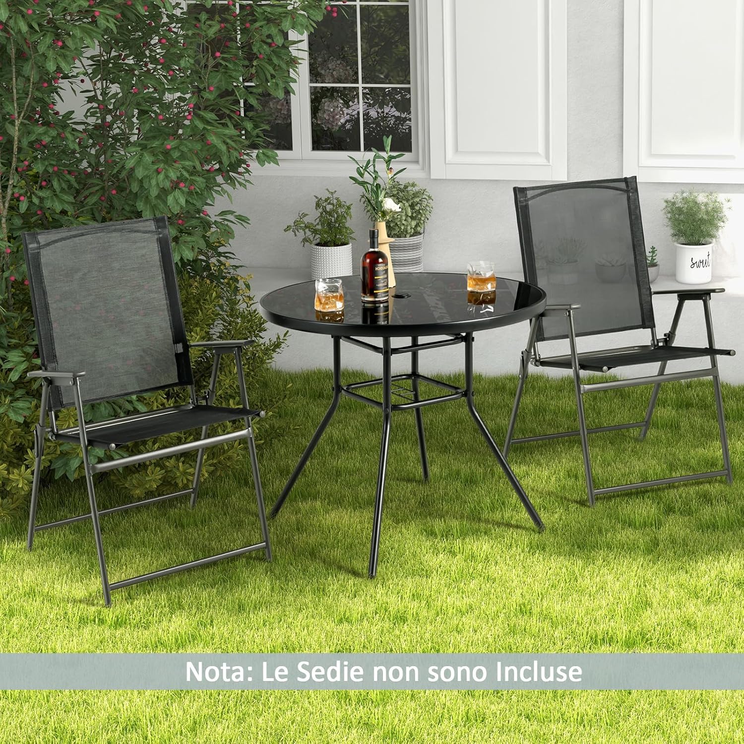 Tavolo Rotondo da Giardino con Buco per Ombrellone, Tavolo da Esterno in Vetro Temperato Struttura in Metallo, Tavolino per Balcone, Terrazza, Sala Pranzo e Soggiorno, 86 x 86 x 71 cm, Nero