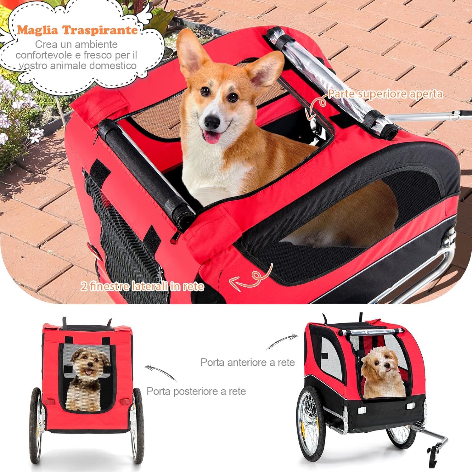Rimorchio Bici per Animali, Carrello per Bicicletta per Cani di Piccola e Media Taglia con Ruote da 50cm e Tettuccio Apribile, Portata 40 kg, 60,5 x 135 x 95 cm (Rosso)
