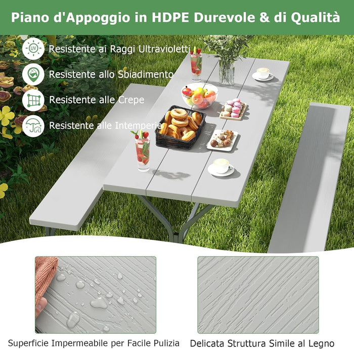 Set Tavolo da Picnic con Panca da 183 cm, Tavolo da Campeggio con 2 Panche per 8 Persone, Foro per Ombrellone, per Giardino, Campeggio, terrazza, Portato Totale 650 kg (Grigio)