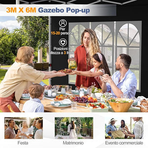 Gazebo da Giardino 3 x 6 m, Tendone per Feste con 6 Pannelli Laterali Rimovibili, con Borsa da Trasporto, Design Pop-up, per Matrimonio Eventi e Barbecue (Nero)