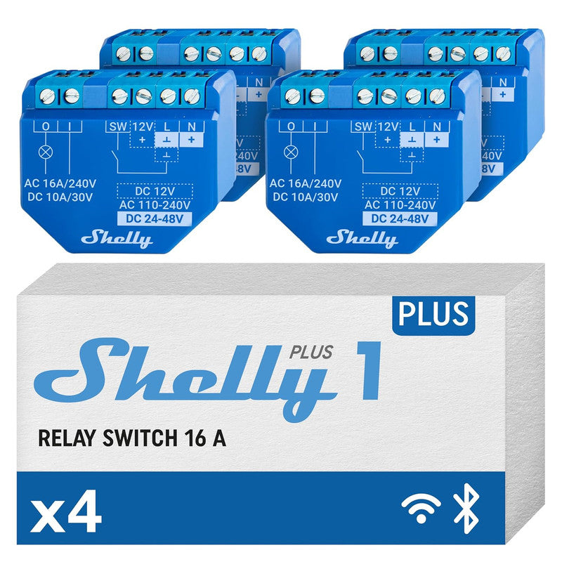 Shelly Plus 1 | Interruttore rel√® intelligente WiFi e Bluetooth | Domotica | Compatibile con Alexa e Google Home | App iOS e Android | Nessun hub richiesto Controllo dell'illuminazione Telecomando fai da te Porta del garage (confezione da 4)