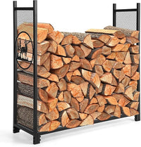 Porta Legna 121 x 38 x 117 CM, Scaffale per Legna Rosbuto con Lati a Rete, Motivi Cervo e Albero, Portalegna da Ardere per Interni ed Esterni, Nero