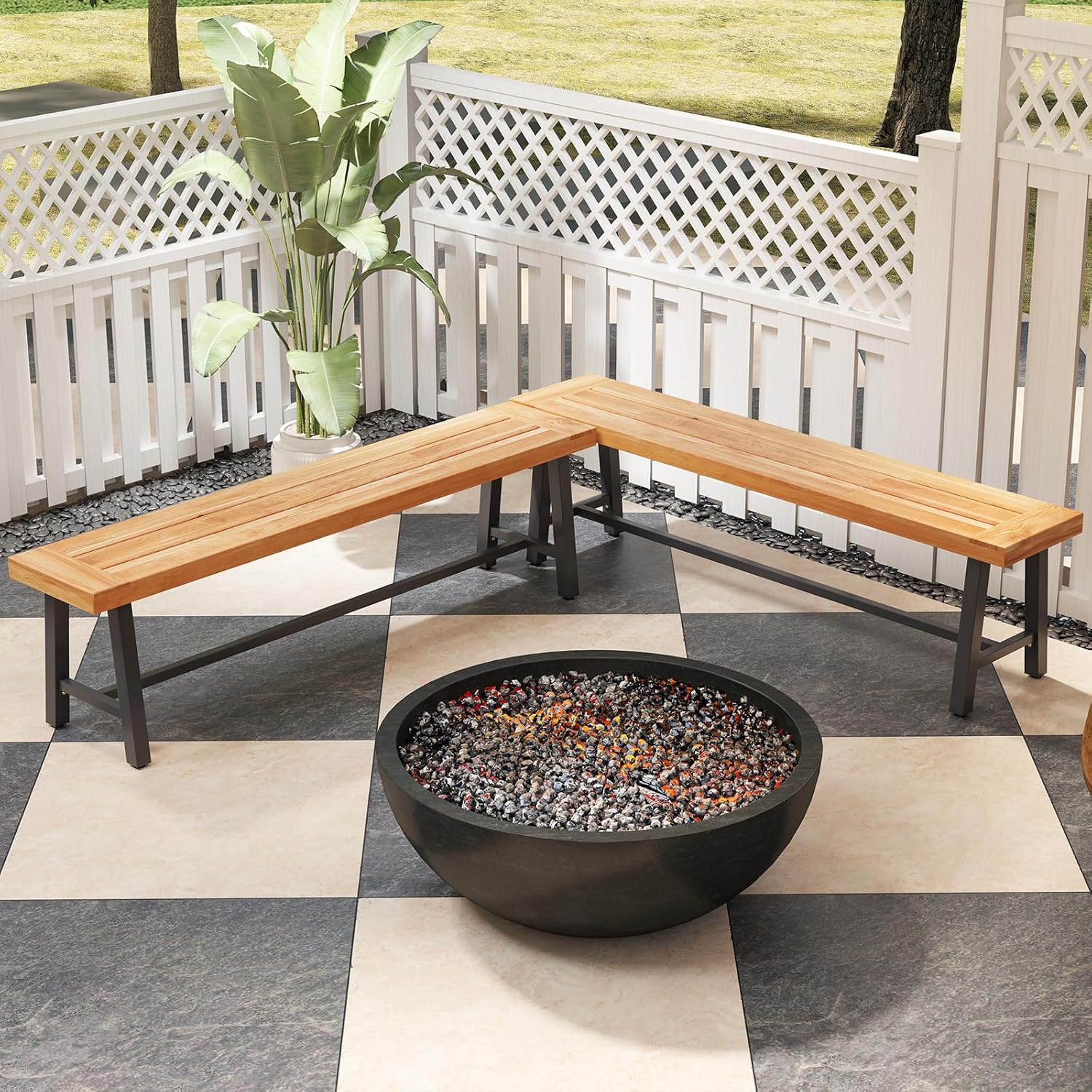 Panchina da Giardino in Legno di Acacia a 3 Posti, Panca da Esterno Senza Schienale con Gambe in Metallo, Panca Capacit¨¤ di 360 kg per Ingresso, Cortile e Balcone, 160 x 32 x 45 cm