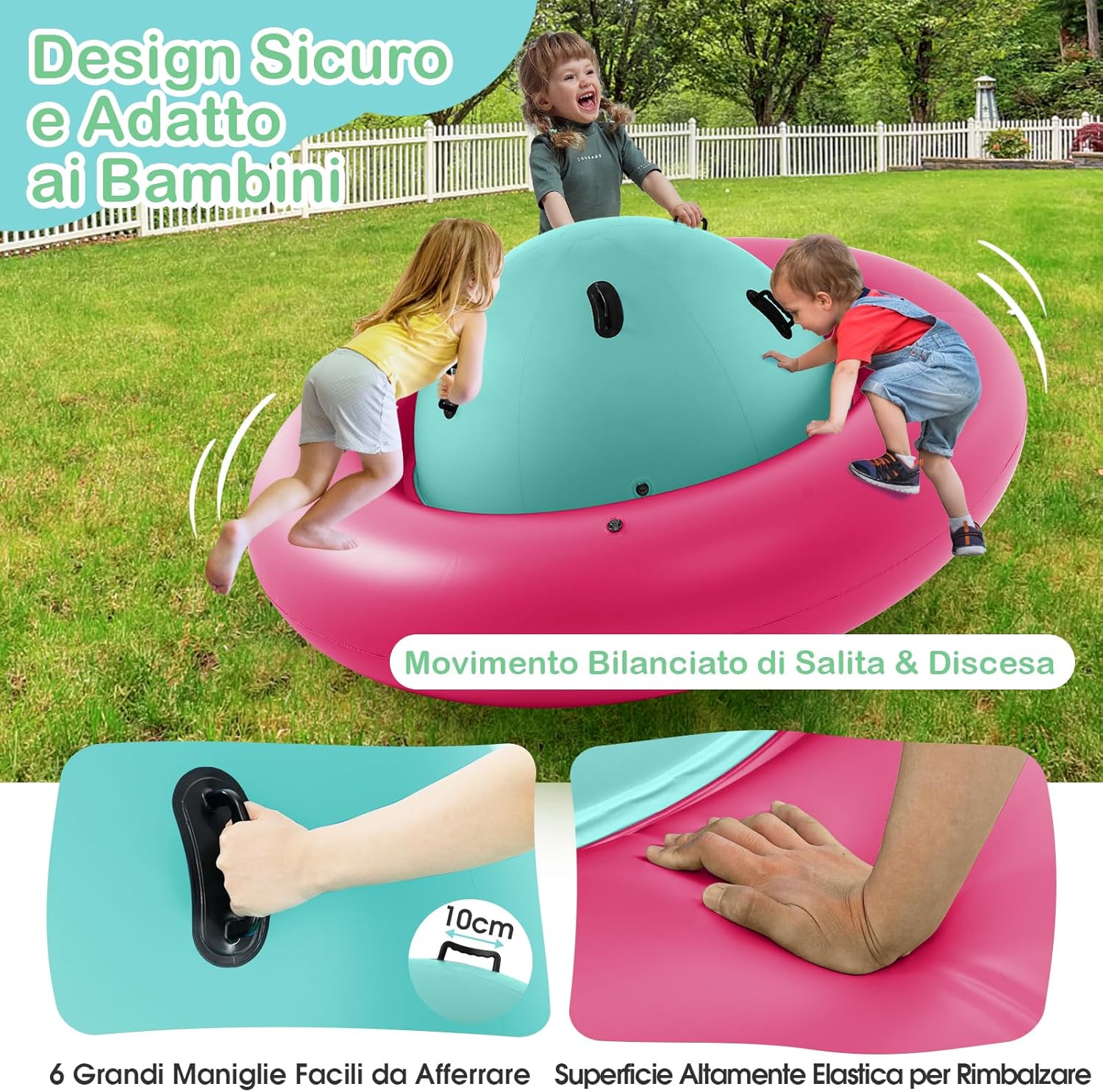 Giostra Gonfiabile a Pianeta per Bambini da 223CM per Inclinare, Arrampicarsi e Saltare con 6 Maniglie Incorporate, Giocattolo Spaziale per Esterno per Bambini dai 5 Anni+ (Rosa+Verde)