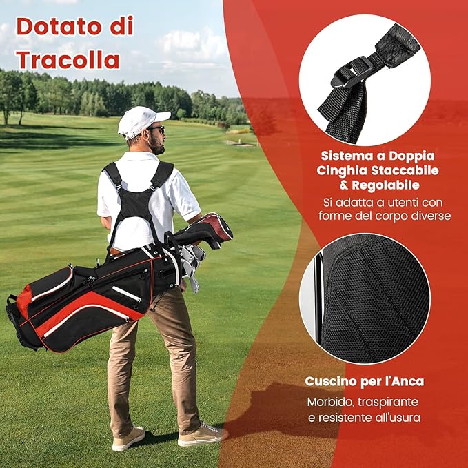 Sacca per Mazze da Golf, Borsa da Golf con Supporto, Divisori a 14 Vie, 6 Tasche, Borsa Frigo, Doppia Tracolla e Cappuccio Antipioggia, Ideale per Uomini e Donne