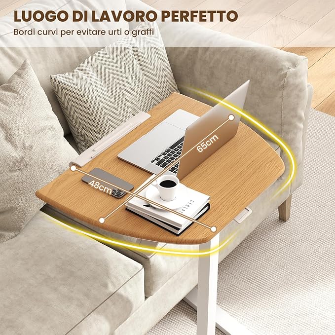 Tavolino da Letto e Divano, Tavolino Pieghevole e Regolabile in Altezza con Ruote e Piano Inclinabile a 90°, Mobile Multifunzionale e Portatile per Lavorare e Mangiare da Casa e Ufficio
