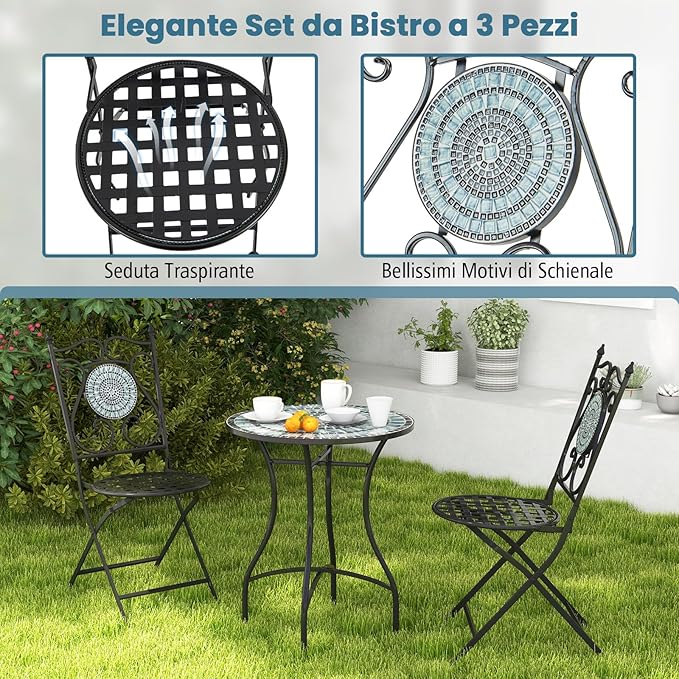 Set da Giardino 3 Pezzi,Set da Pranzo in Metallo Robusto a Mosaico, con 2 Sedie Pieghevoli, Set Tavolo e Sedie per Interno ed Esterno (Nero+Grigio)