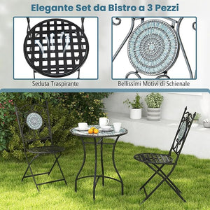 Set da Giardino 3 Pezzi,Set da Pranzo in Metallo Robusto a Mosaico, con 2 Sedie Pieghevoli, Set Tavolo e Sedie per Interno ed Esterno (Nero+Grigio)