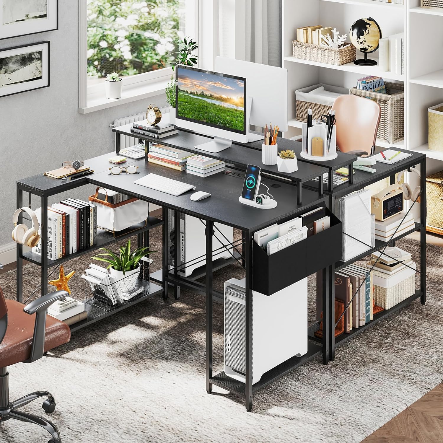 Scrivania Angolare da Gaming, Scrivania Salvaspazio a Forma di L con Luci LED, Stazione di Ricarica, Ripiani e Supporto per Monitor, Scrivania ad Angolo per Casa e Ufficio (Nero)
