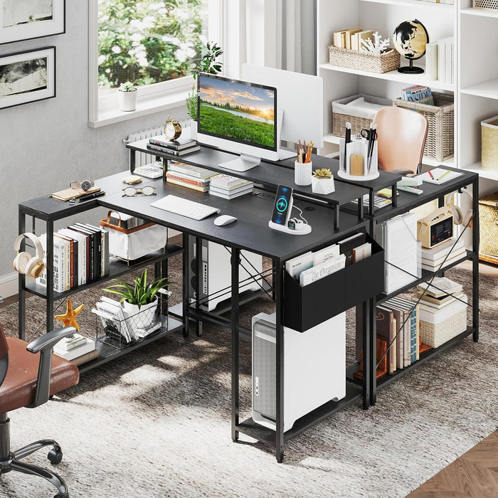 Scrivania Angolare da Gaming, Scrivania Salvaspazio a Forma di L con Luci LED, Stazione di Ricarica, Ripiani e Supporto per Monitor, Scrivania ad Angolo per Casa e Ufficio (Nero)