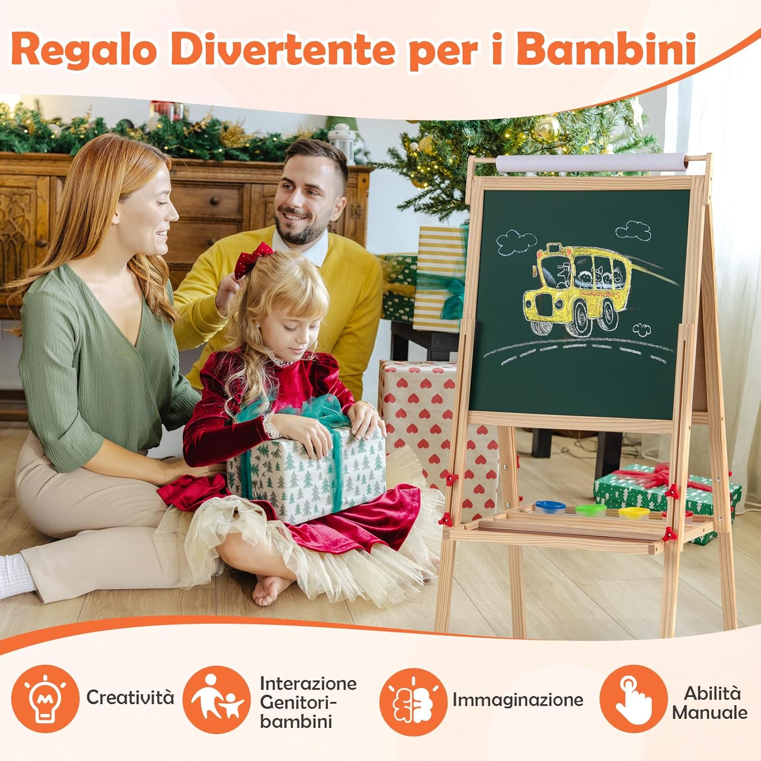 3 in 1 Cavalletto per Bambini, Cavalletto Doppia Faccia Regolabile con Lavagna Magnetica e Bianca, Rotolo di Carta, 4 Bicchieri per Vernice e Vassoio per Stoccaggio, per Bambini 3-10 Anni