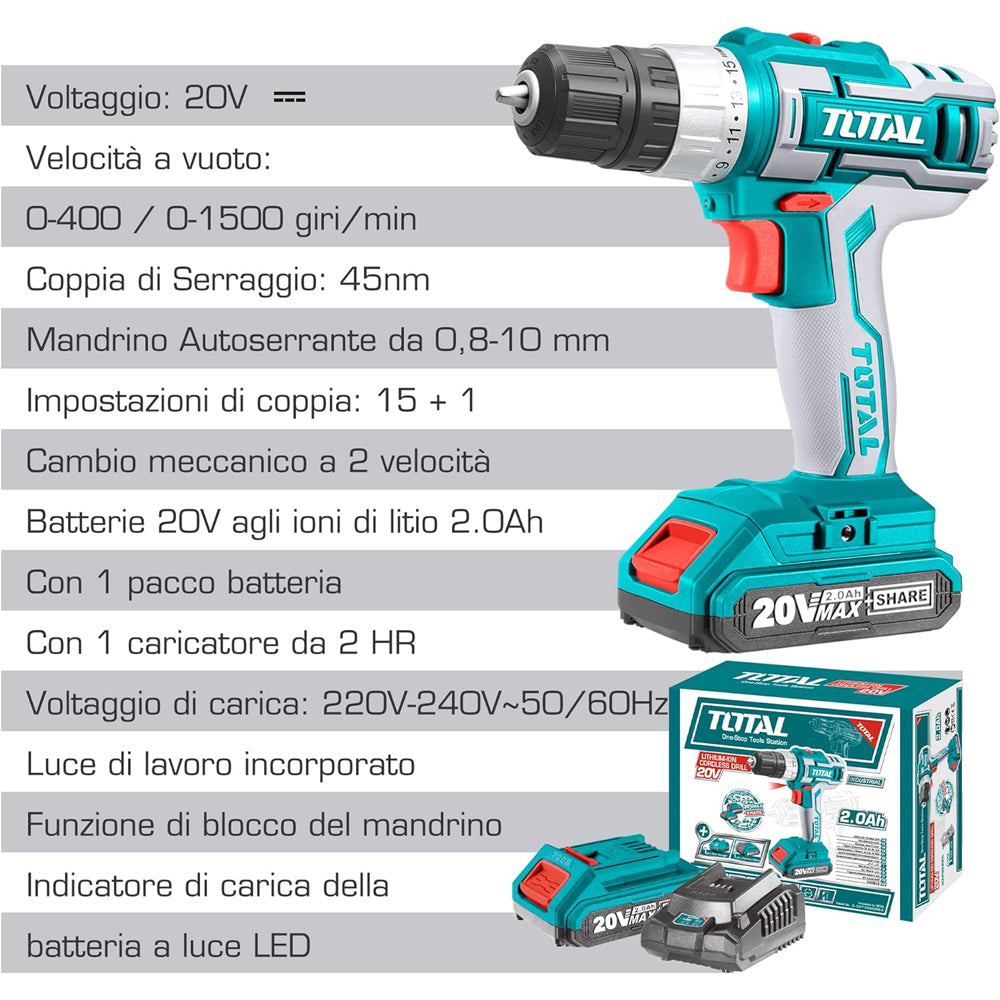 TRAPANO AVVITATORE A BATTERIA 20V 45Nm CON BATTERIA E CARICATORE INCLUSI TOTAL TOTTDLI20024