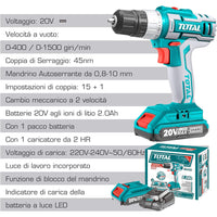 TRAPANO AVVITATORE A BATTERIA 20V 45Nm CON BATTERIA E CARICATORE INCLUSI TOTAL TOTTDLI20024