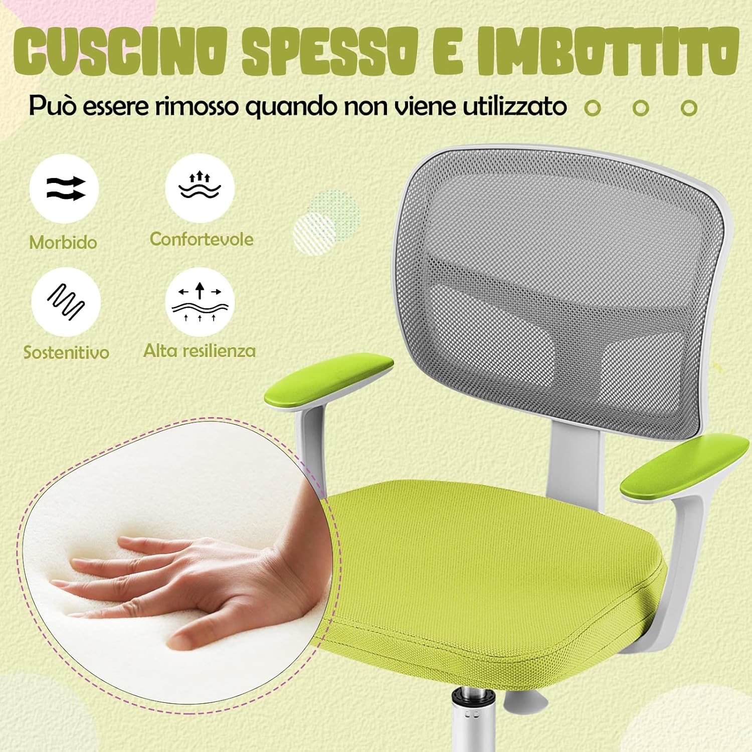 Sedia per Scrivania per Bambini, Sedia per Computer per Bambini con Altezza Regolabile, Ruote con Freni, Sedile Girevole a Rete, Sedia Ergonomica per Bambini 3-10 Anni (Verde)