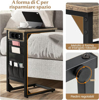 Set di 2 Tavolini a Forma di C, Tavolino da Divano e Letto in Metallo con 2 Prese Elettriche, 2 Porte USB e Tasca Laterale, Comodino per Piccoli Spazi, Salotto e Camera da Letto