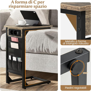 Set di 2 Tavolini a Forma di C, Tavolino da Divano e Letto in Metallo con 2 Prese Elettriche, 2 Porte USB e Tasca Laterale, Comodino per Piccoli Spazi, Salotto e Camera da Letto
