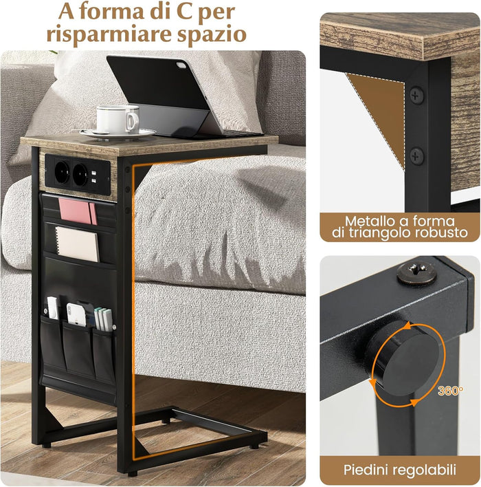 Set di 2 Tavolini a Forma di C, Tavolino da Divano e Letto in Metallo con 2 Prese Elettriche, 2 Porte USB e Tasca Laterale, Comodino per Piccoli Spazi, Salotto e Camera da Letto