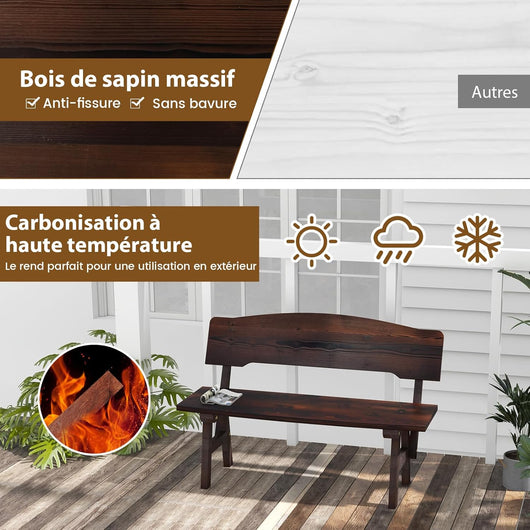 Banc de Jardin en Bois Massif de Sapin, Banc de Terrasse Ã  2 Places avec Assise Ã  Latte, SiÃ¨ge dâ€™ExtÃ©rieur en Bois CarbonisÃ©, Style Rustique, Charge 325 KG, Marron(Style 1)